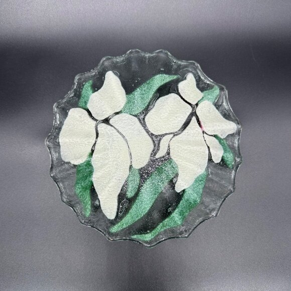 Fused Glass Bowl Pink Iris Flowers Ruffled Edge Signed Art Dish Sydenstricker - Picture 3 of 8